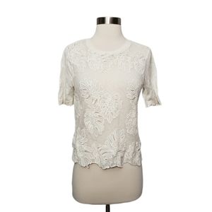LOFT Small Petite White Embroidered Palm Leaves Sweater Short Sleeve Top